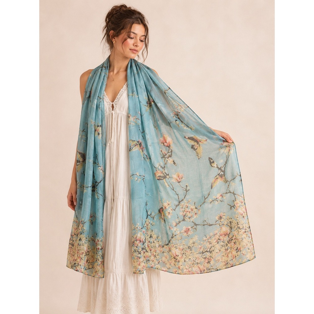 EUC‎ Gerinly Blue Bird Floral Lightweight Scarf Wrap Cottagecore Coastal Boho